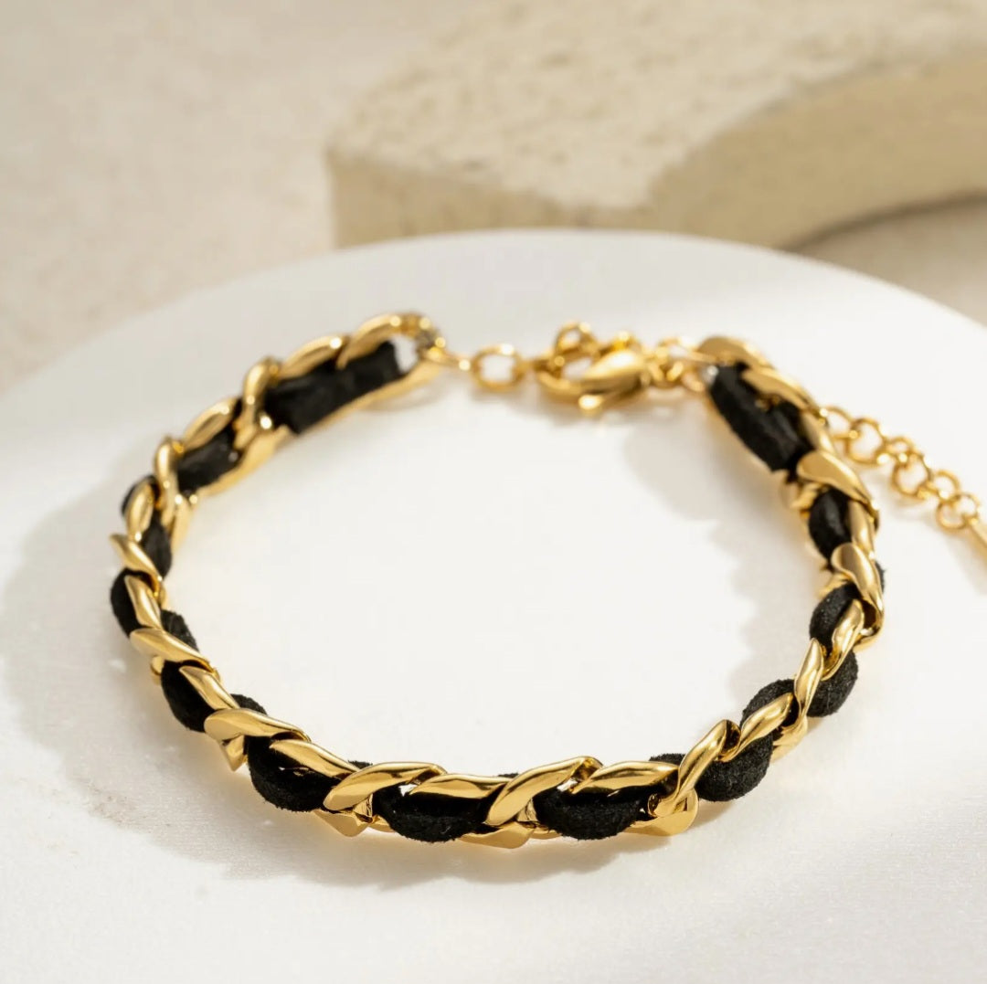 Bracelet chaîne dorée tressée noir en acier inoxydable Réf 4