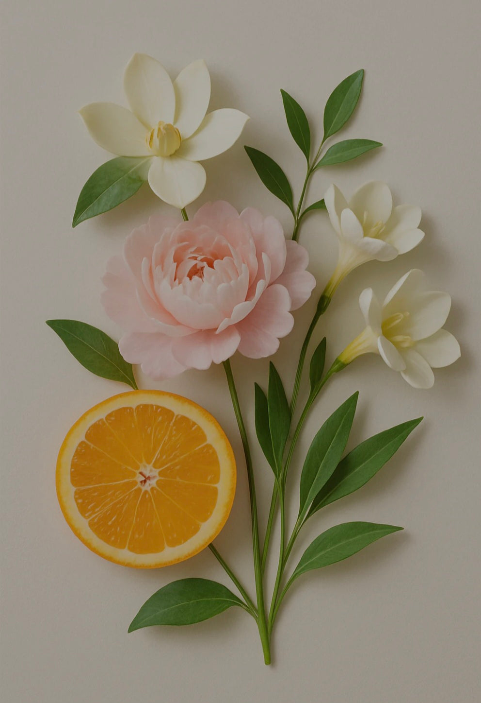 Jardin de fleurs et agrumes (pamplemousse, rose, fleurs blanches)