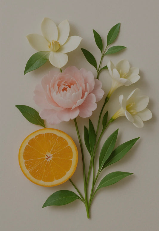 Jardin de fleurs et agrumes (pamplemousse, rose, fleurs blanches)
