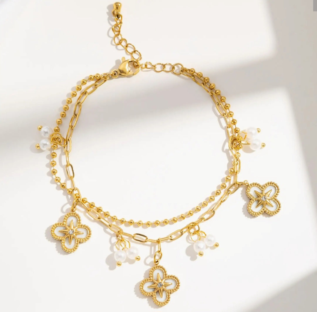 Bracelet double tour doré acier inoxydable trèfle perle chic Réf 5