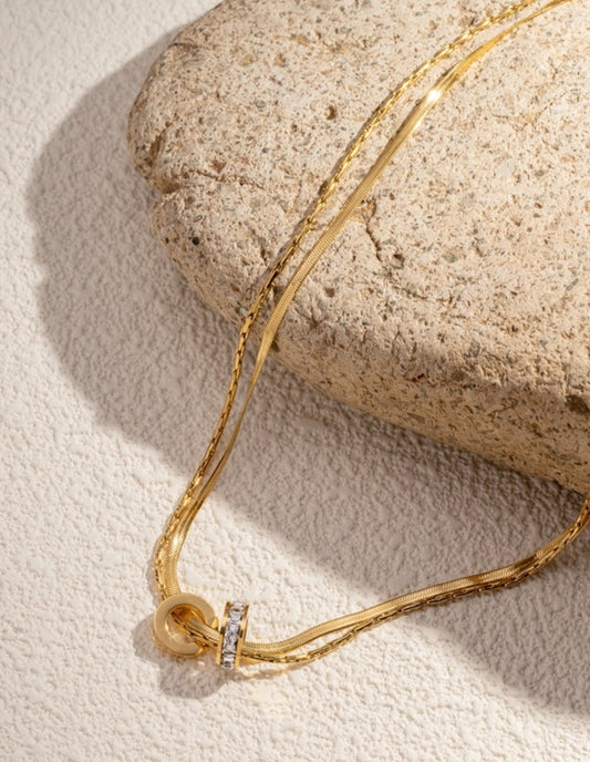 Collier double Acier inoxydable avec anneaux en strass réf 14